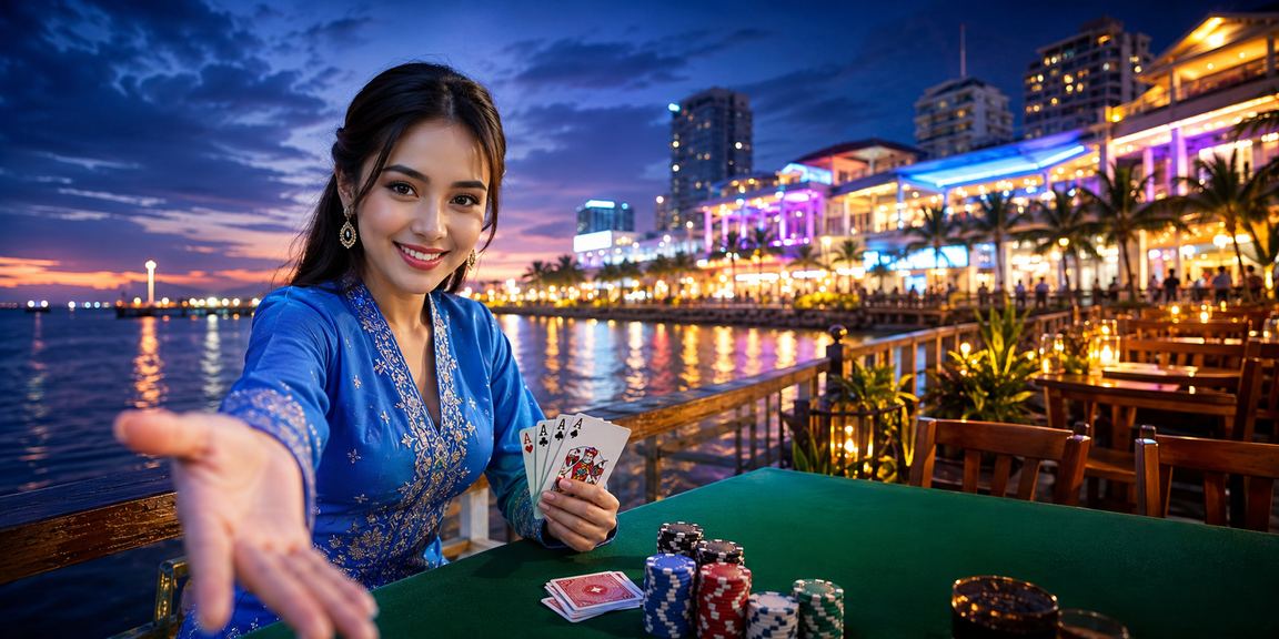 Pengguna wanita berbaju kurung Malaysia bermain permainan kad dalam talian melalui pr1ma